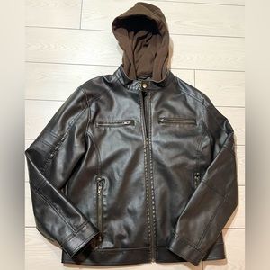 Black Rivet G-III Faux Leather Jacket with brown hoodie inside unisex/men size M